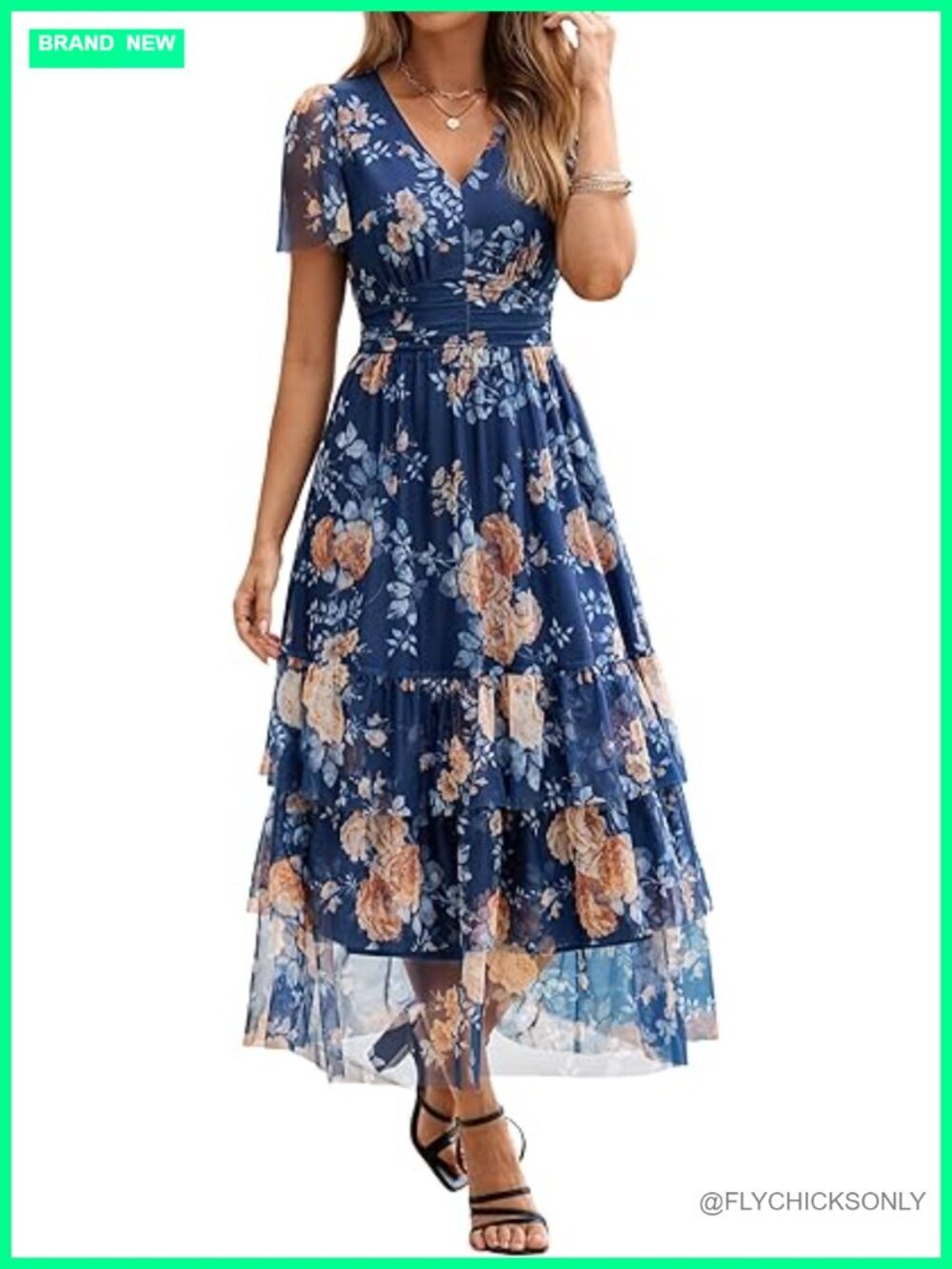 Floral Maxi Dress V Neck Short Sleeve Boho Flowy Tiered Ruffle Wedding Guest